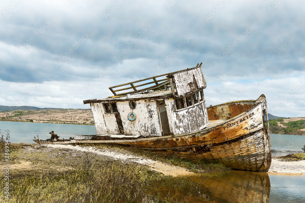 abandoned fishing boat on beach with watercolor effect abandoned fishing boat on beach with watercolor effect