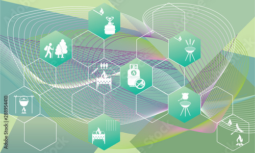 Poster with Set of travel and camping equipment icons
