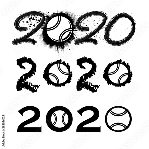 Set of tthree different grunge new year 2020 numbers with tennis photo