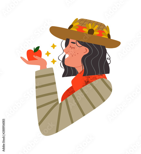 Happy farm woman holding fresh red apple fruit