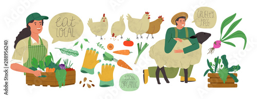 Organic farm production set of agriculture people
