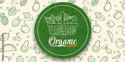 Green organic food label on vegetable background