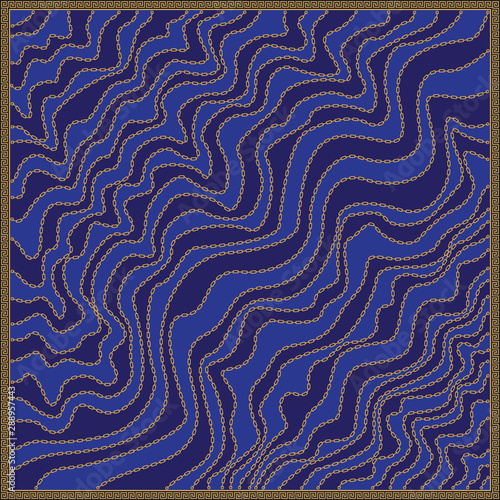 Ornate diagonal wave shawl print with gold chains, indigo blue stripes, Greek meander border pattern, Baroque fantasy silk bandana, scarf, kerchief, textile patch, carpet, pillow