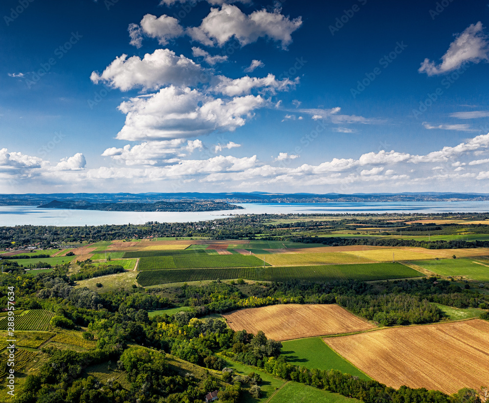 Aerial view of agricultural fields with lake Balaton