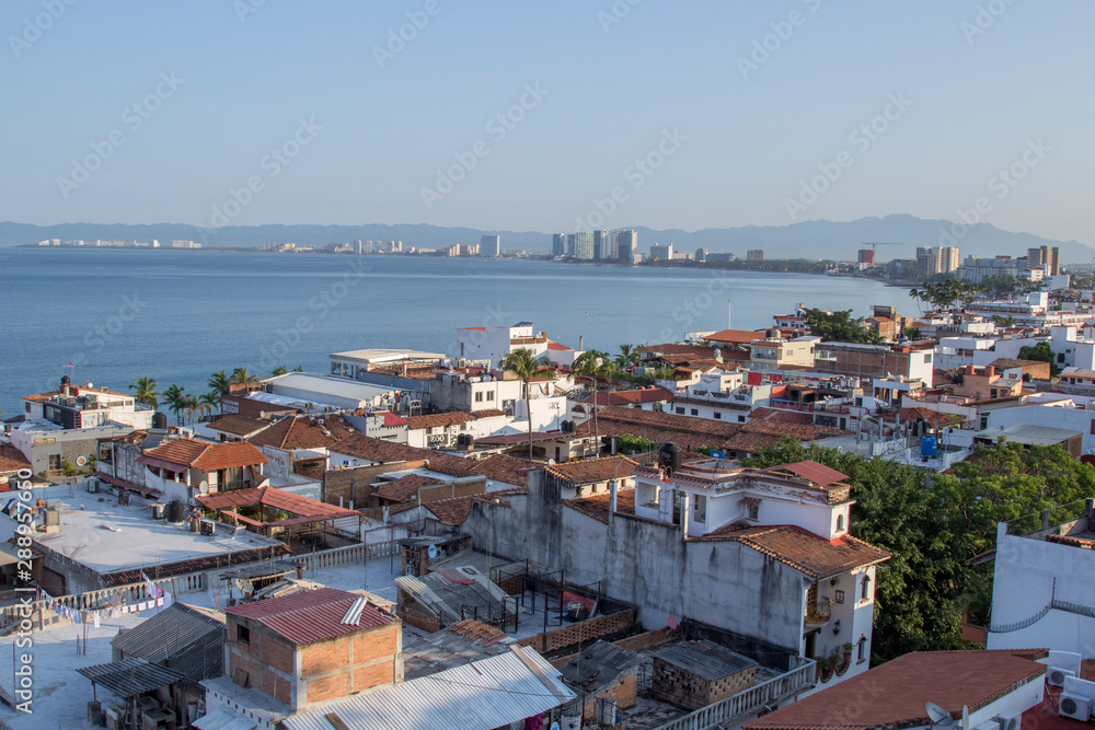 Panoramic view of the city, night photo of the beach in Puerto Vallarta, Jalisco, Mexico
