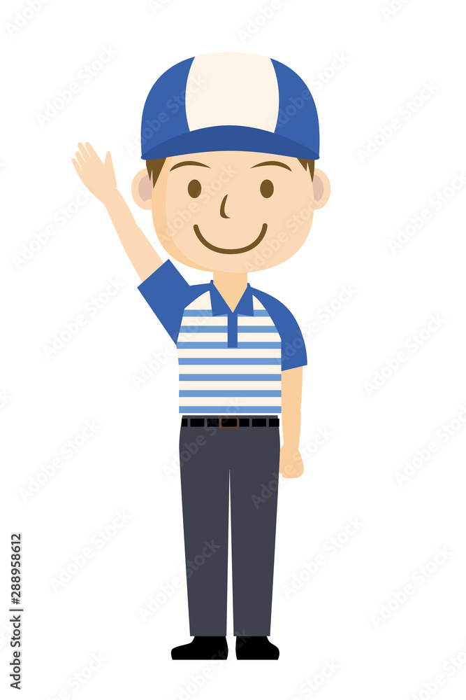 手を挙げる配送員 配達員 ドライバーのイラスト 半袖シャツ ボーダー 男性のキャラクター Stock ベクター Adobe Stock 手を挙げる配送員 配達員 ドライバーのイラスト 半袖シャツ ボーダー 男性のキャラクター Stock ベクター Adobe Stock