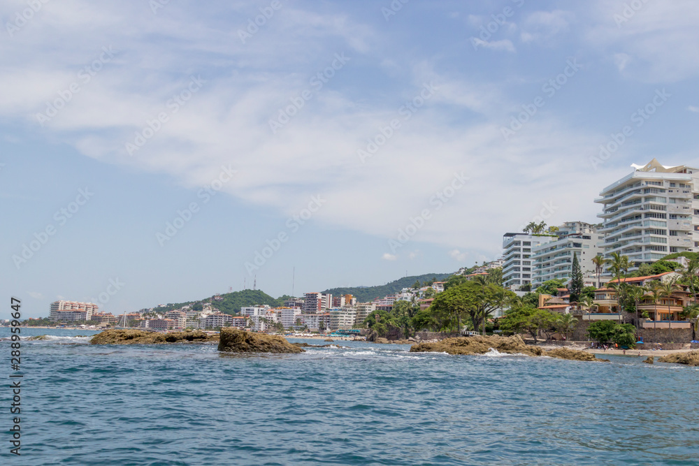 September 21,2019: view of the sea and the center of Puerto Vallarta, malecon Puerto Vallarta, Bay of flags