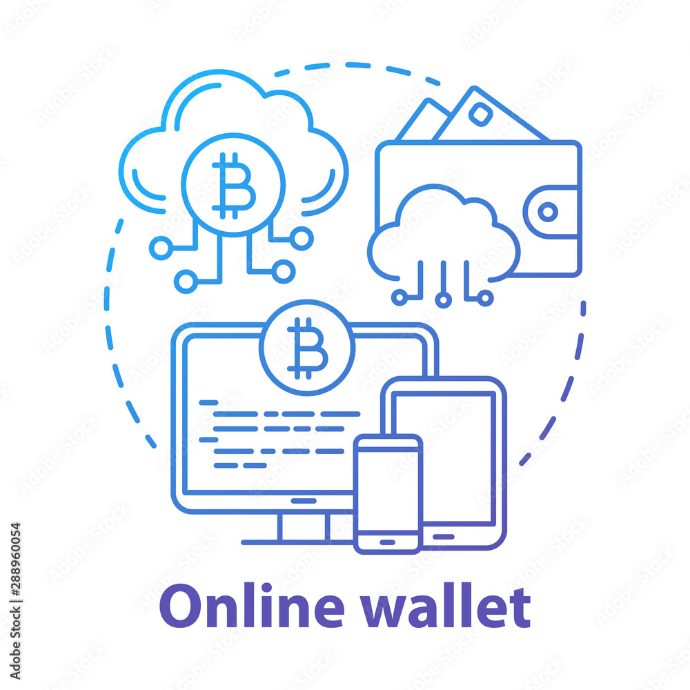 Online wallet blue concept icon. E payment idea thin line illustration. Banking app. Web wallet in cloud storage. Electronic pay via computing device. Vector isolated outline drawing Online wallet blue concept icon. E payment idea thin line illustration. Banking app. Web wallet in cloud storage. Electronic pay via computing device. Vector isolated outline drawing
