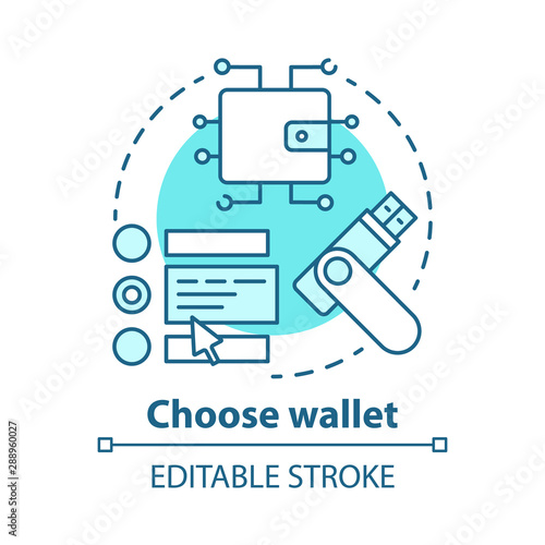 Choose wallet blue concept icon. Digital currency storing idea thin line illustration. Online money transfer, e pay. Service for private keys storage. Vector isolated outline drawing. Editable stroke