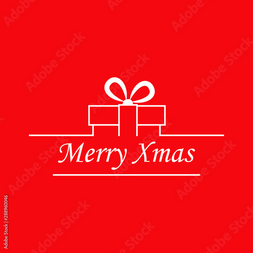 Logotipo con texto Merry Xmas en caja de regalo lineal color blanco en fondo rojo