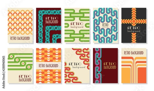 Retro abstract posters set. Backgrounds with round geometric shapes and stripes