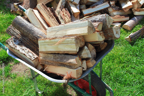Firewood in a wheelbarrow. Close-up. Background.