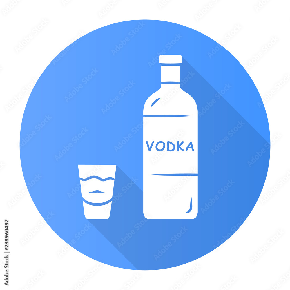 Vodka blue flat design long shadow glyph icon. Bottle and shot glass with drink. Clear distilled alcoholic beverage consumed for drink and in cocktails. Vector silhouette illustration Vodka blue flat design long shadow glyph icon. Bottle and shot glass with drink. Clear distilled alcoholic beverage consumed for drink and in cocktails. Vector silhouette illustration