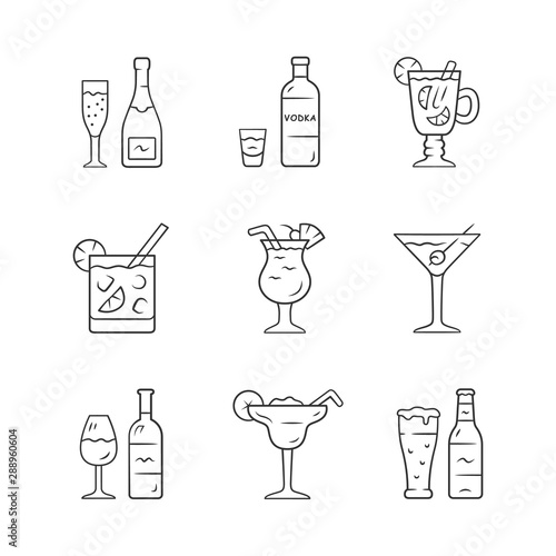 Drinks linear icons set. Alcohol drinks card. Vodka, hot toddy, wine, beer, martini, margarita, pina colada. Thin line contour symbols. Isolated vector outline illustrations. Editable stroke