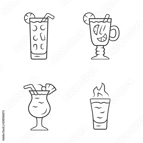 Drinks linear icons set. Cocktail in highball glass, hot toddy, pina colada, flaming shot. Mixes and soft drinks. Thin line contour symbols. Isolated vector outline illustrations. Editable stroke