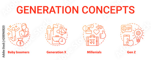 Generation red concept icons set. Age groups idea thin line illustrations. Baby boomers. Classic lifestyle. Generation X. Peer groups. Vector isolated outline drawings. Gen Z and millennials