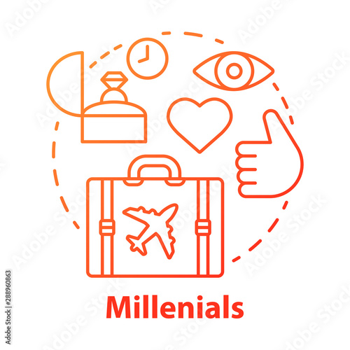 Millennials red concept icon. Age group idea thin line illustration. Travelling. Life goals and purposes, plans. Classic lifestyle. Echo boomers. Vector isolated outline drawing