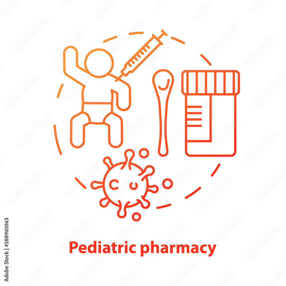 Pediatric pharmacy concept icon. Children medication idea thin line illustration. Vaccination and illness medicine for babies. Kids treatment. Vector isolated outline drawing Pediatric pharmacy concept icon. Children medication idea thin line illustration. Vaccination and illness medicine for babies. Kids treatment. Vector isolated outline drawing