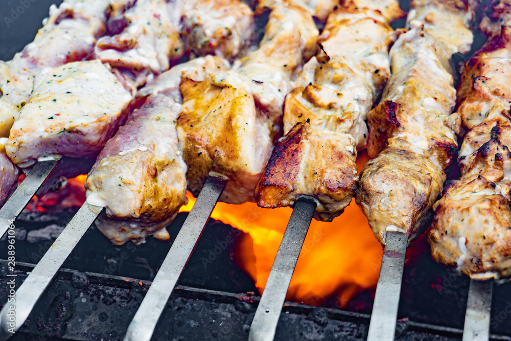 Shish kebabs on fire, baked meat on skewers on the grill.