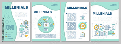 Millennials brochure template. Age group. Flyer, booklet, leaflet print, cover design, linear illustrations. Core values. Vector page layouts for magazine, annual report, advertising posters