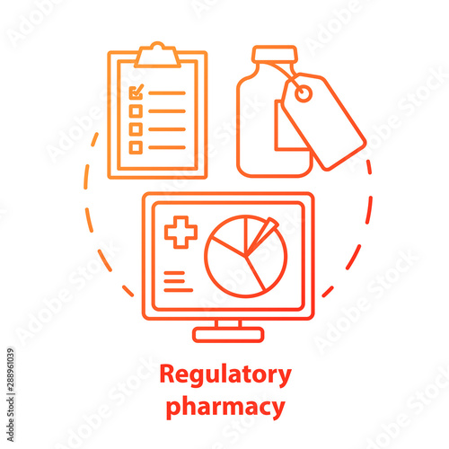 Pharmacy concept icon. Regulatory pharmacology idea thin line illustration. Medicine effectiveness and safety tests. Newly developed drug research. Vector isolated outline drawing