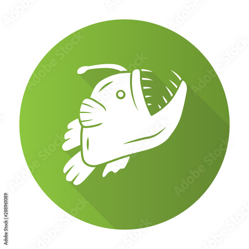 Anglerfish green flat design long shadow glyph icon. Swimming goosefish. Underwater world. Ocean monster, undersea animal with open mouth. Marine predator. Vector silhouette illustration