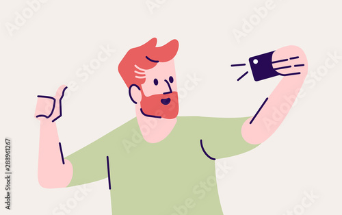 Selfie pose flat vector illustration. Happy man taking self photo. Smiling guy using mobile phone photography. Making self portrait in smartphone camera isolated cartoon character on grey background