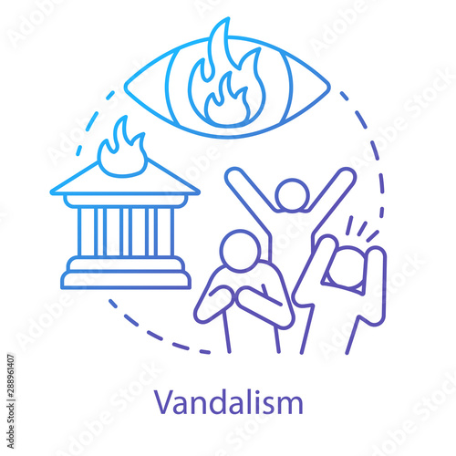 Vandalism concept icon. Civil unrest, property damage, mob violence idea thin line illustration. Aggressive crowd, burning house and flaming eye vector isolated outline drawing. Violent protest