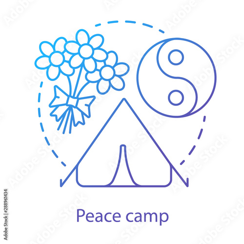Peace camp concept icon. Anti war protest, hippie movement, pacifism idea thin line illustration. Yin yang symbol, tent and flowers bouquet vector isolated outline drawing. Nonviolent resistance