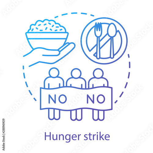 Hunger strike concept icon. Voluntary food abstinence, nonviolent protest idea thin line illustration. Protesters with banner, rice and tableware vector isolated outline drawing. Social demonstration
