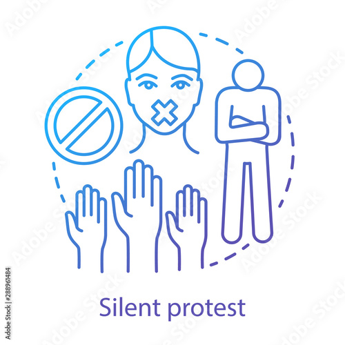 Silent protest concept icon. Civil disobedience, nonviolent resistance, boycott idea thin line illustration. Raised hands, stop sign, protester with taped mouth vector isolated outline drawing