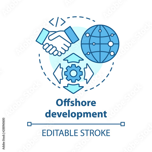 Offshore development concept icon. Recruiting freelancers from around world. International IT business company idea thin line illustration. Vector isolated outline drawing. Editable stroke