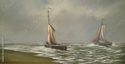 Digital oil paintings sea landscape, sailing boat in the sea. Fine art. © yaroslavartist