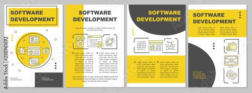 Software development brochure template layout. Flyer, booklet, leaflet print design, linear illustrations. Frontend programming. Vector page layouts for magazines, annual reports, advertising posters