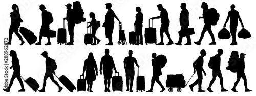 Crowd of people tourists. People with suitcases bags and backpacks. Migration of people. Vector silhouette isolated set
