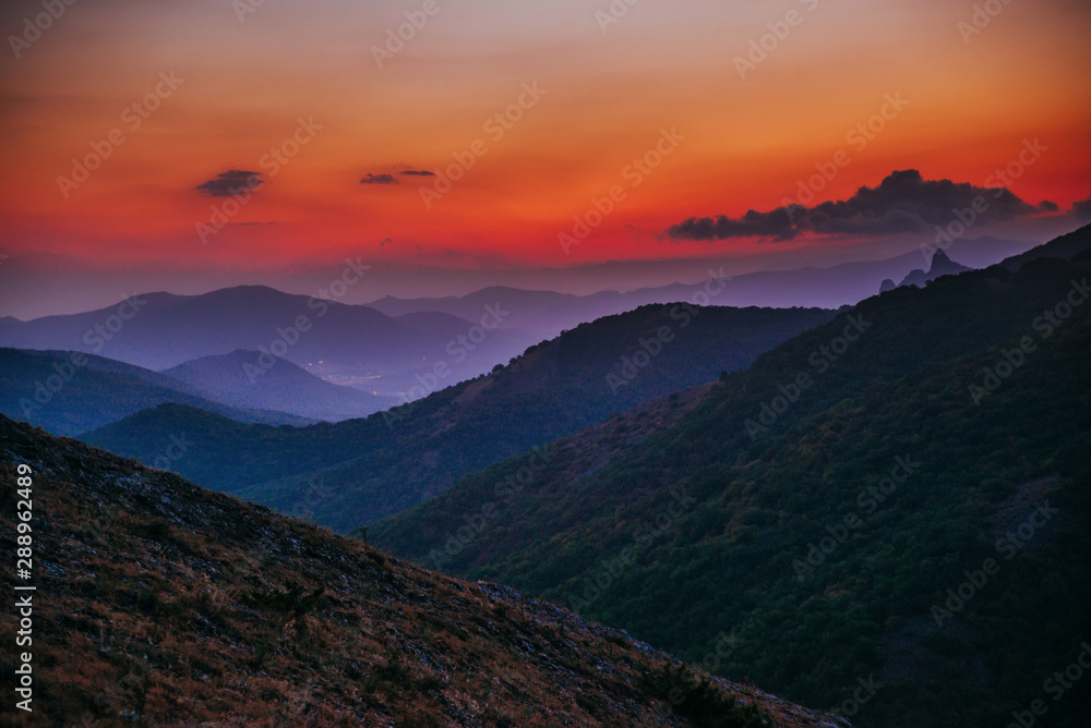 Red-blue sunset in the mountains