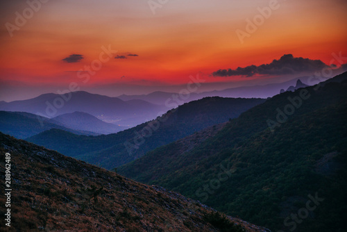 Red-blue sunset in the mountains