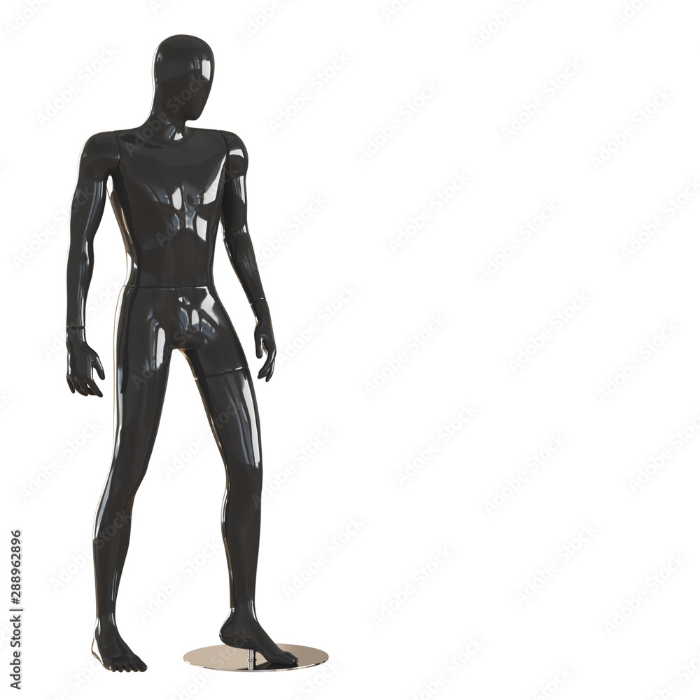A black faceless mannequin guy stands with his side turned with his foot forward. 3D rendering A black faceless mannequin guy stands with his side turned with his foot forward. 3D rendering