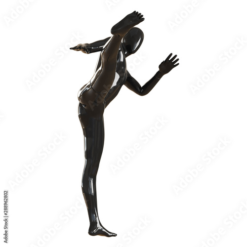 Black mannequin guy kicks a high kick. Isolated on a white background. 3D rendering