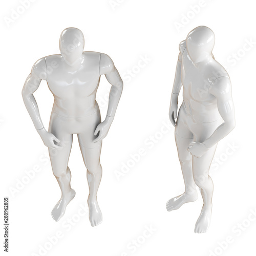 Two white faceless mannequin man standing in the usual free pose  top view. Isolated on a white background. 3D rendering