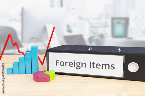 Foreign Items - Finance/Economy. Folder on desk with label beside diagrams. Business/statistics. 3d rendering