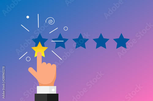 Online feedback reputation bad quality customer review concept flat style. Businessman hand finger pointing 1 one gold star rating on gradient background. Vector negative ranking illustration