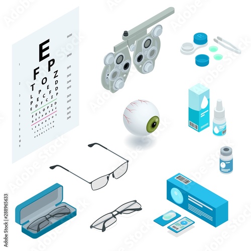 Isometric set of Ophthalmology and eye care icons. Medical health equipment. Check eyesight for eyeglasses diopter.