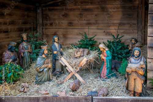Christmas nativity scene in daily light, big figurines with Mary and baby