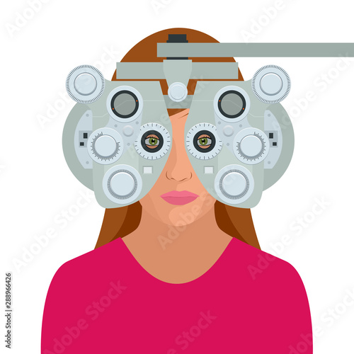 Optometrist examining woman with a trial frame in ophthalmology clinic. Modern light ophthalmology clinic. Medical health equipment. Check eyesight for eyeglasses diopter.
