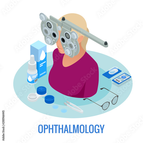 Isometric optometrist examining woman with a trial frame in ophthalmology clinic. Modern light ophthalmology clinic. Medical health equipment. Check eyesight for eyeglasses diopter.