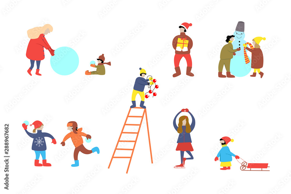 Different people for new year christmas banner. Family, friends play snowballs, ice skate, hang balls on Christmas tree, carry gifts, sculpt snowmen. Set, collection