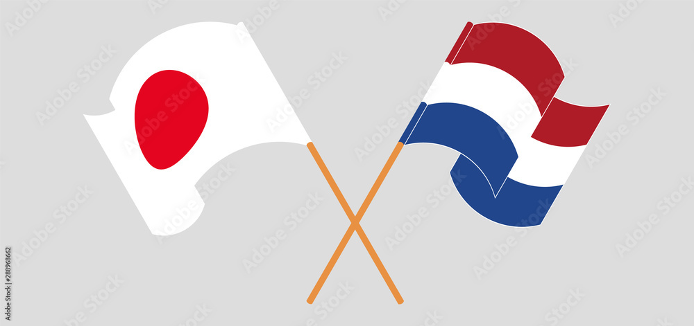 Crossed and waving flags of Netherlands and Japan Crossed and waving flags of Netherlands and Japan