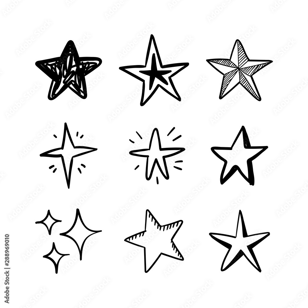 Star doodles set. Hand drawn stars, cartoon collection.