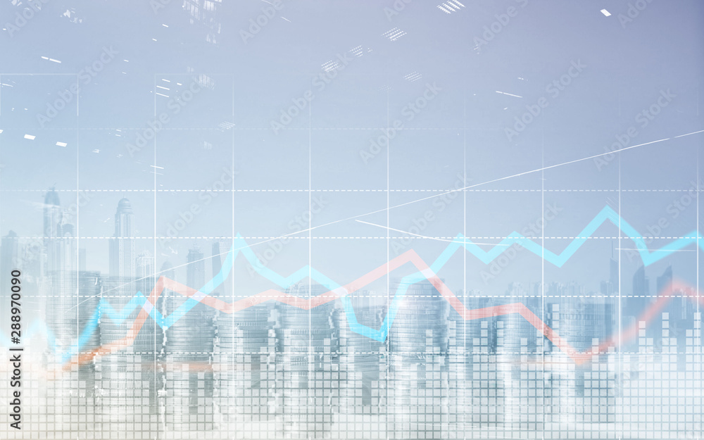 Double exposure of city and rows of coins with stock and financial graph on virtual screen. Business Investment concept Double exposure of city and rows of coins with stock and financial graph on virtual screen. Business Investment concept